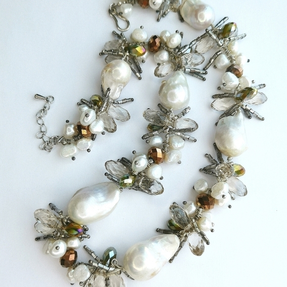 LUXURIOUS White Baroque Pearl Swarovski Crystal long short necklace - Picture 6 of 7